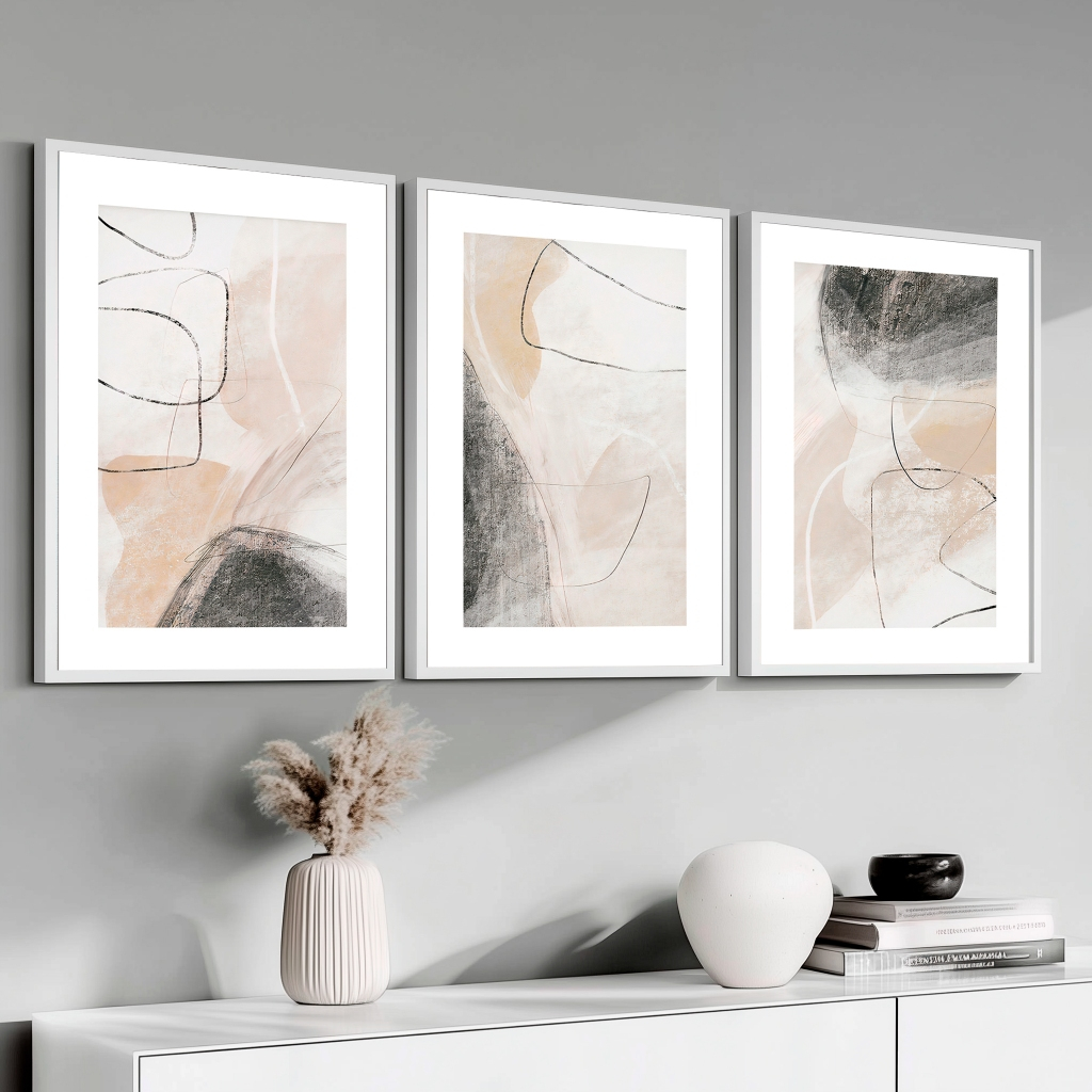 Trio Quadros Decorativos Moldura 50X70 cm Tons Terrosos Grande Sala