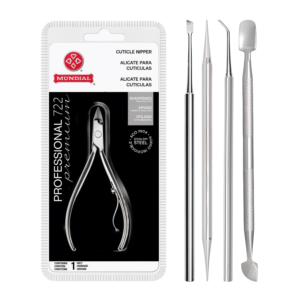 Kit Manicure profissional 5 Peças Alicate 722 + Palito + Desencravador + Espátula + Raspador Mundial