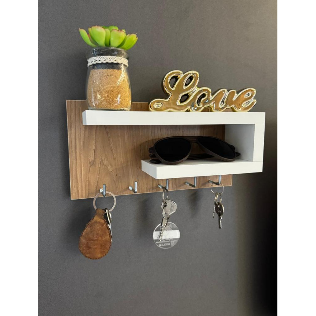 Porta Chave em MDF com 5 Ganchos + Nicho e Prateleira Decoração Para Casa