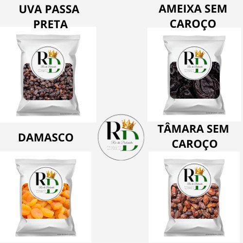 KIT FRUTAS SECAS PREMIUM SAFRA NOVA 500g cada UVA PASSA, AMEIXA, DAMASCO E TAMARA.