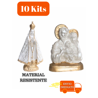 10 Kits Imagem Nossa Senhora Aparecida e Sagrada Família Branco Perolado e Dourado