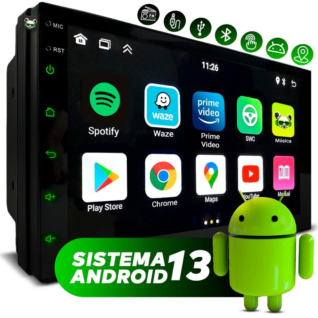 Central Multimidia Android 13 2GB 7 Pol 2 Din Espelhamento USB Bluetooth GPS Integrado