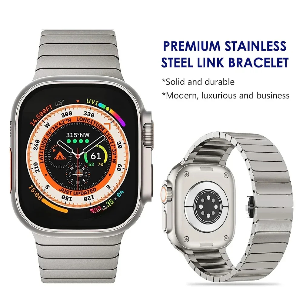 Pulseira de aço inoxidável de luxo para Apple Watch Series 9 8 7 45mm 49mm Link Iwatch Ultra 2 49mm