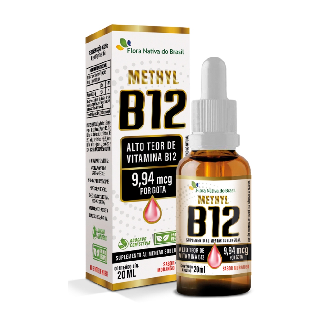 Vitamina B12 Sublingual Metilcobalamina 20ml  - 9,94 mcg por gota Sabor Morango - Flora Nativa em Oferta na Shopee