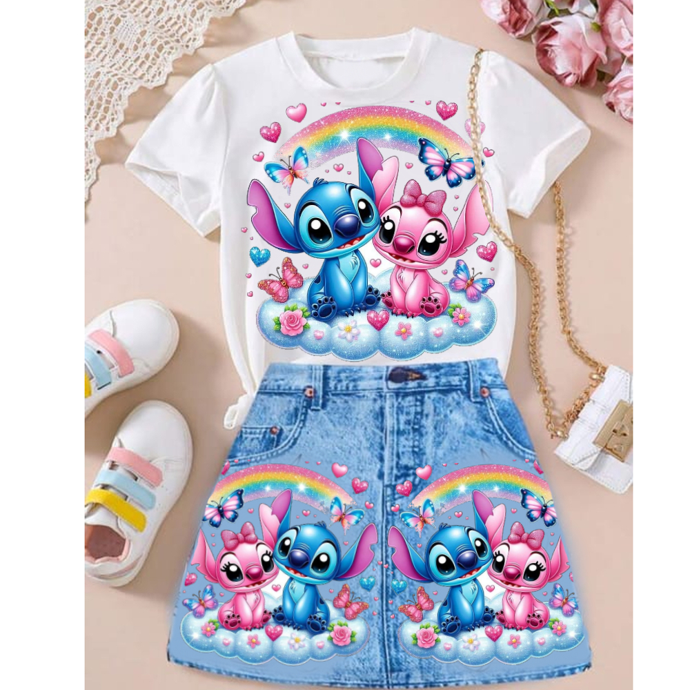 conjunto infantil menina saia e camiseta manga curta estampa fofa saia de malha que imita ...
