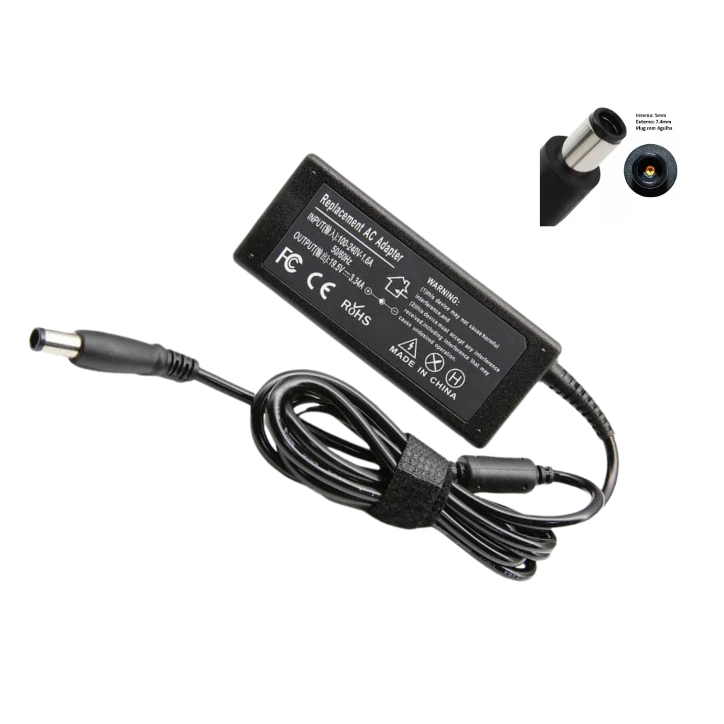 Carregador Fonte para Notebook Dell Inspiron Latitude Vostro 65W 19.5V- 3.34A Pino Grosso (7.4 x 5.0 mm)- DL65B