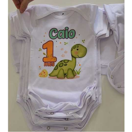 Body Bebê BABY Mesversário Aniversário  Dinossauro Personalizado com Nome e Mês (Idade) - MODA BABY