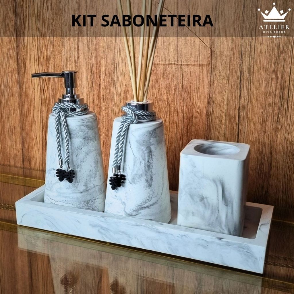 Saboneteira Pia Banheiro Lavabo Kit 4 peças Sabonete Líquido Difusor Aromatizador Ambiente...