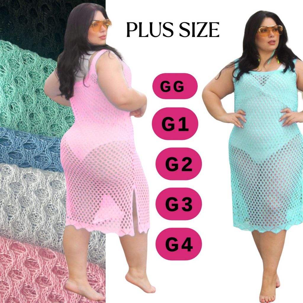 Vestido Trico Moda Praia com Fenda Lateral Modelo Plus Size