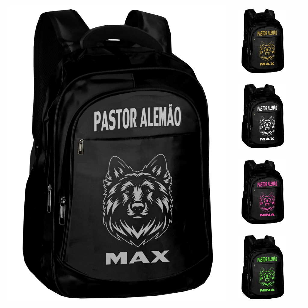 Mochila Personalizada Cachorro raça Pastor Alemão com Nome do Pet Pasta Escolar Feminino Masculino