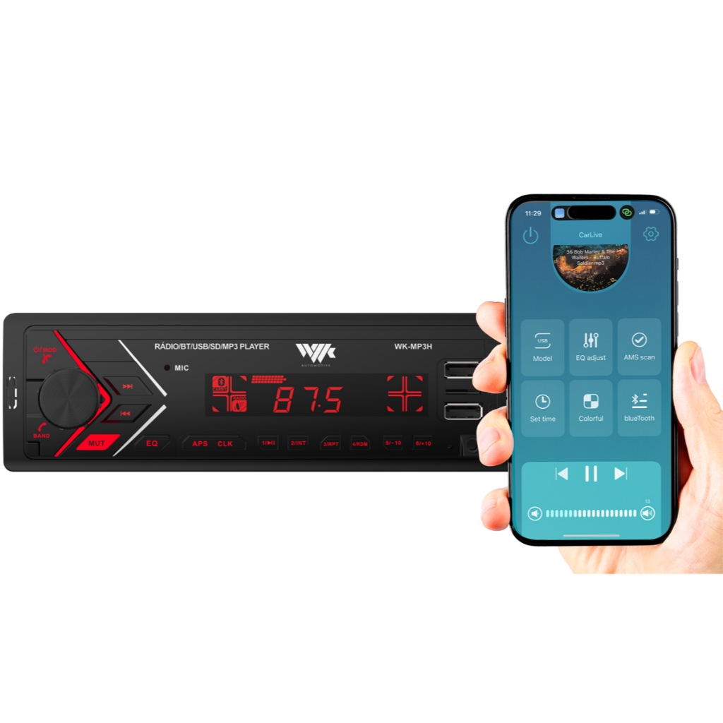 Som Automotivo Bluetooth USB SD Card Rádio FM App Iluminação 7 Cores WKMP3H - Spare Parts and Accessories for Vehicles