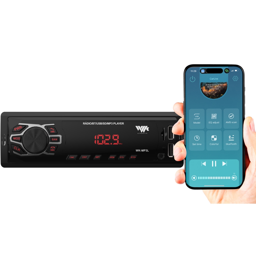 Som Automotivo Bluetooth USB SD Card Rádio FM App Display LED Vermelho WKMP3L - Spare Parts and Accessories for Vehicles