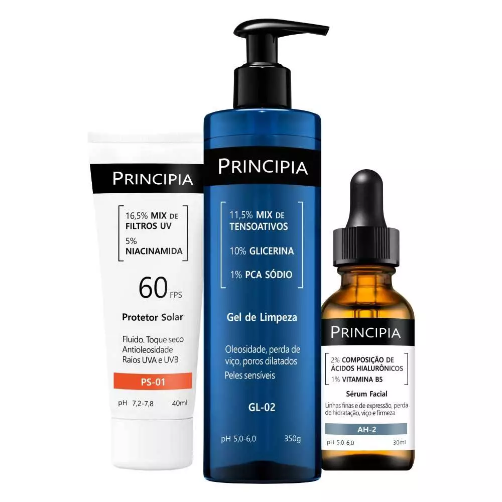 Principia Kit Primeira Rotina de Skincare c/ Gel de Limpeza GL-02 + Sérum Hialurônicos AH-2 + Protetor Solar PS-01 FPS60 — imagem 1