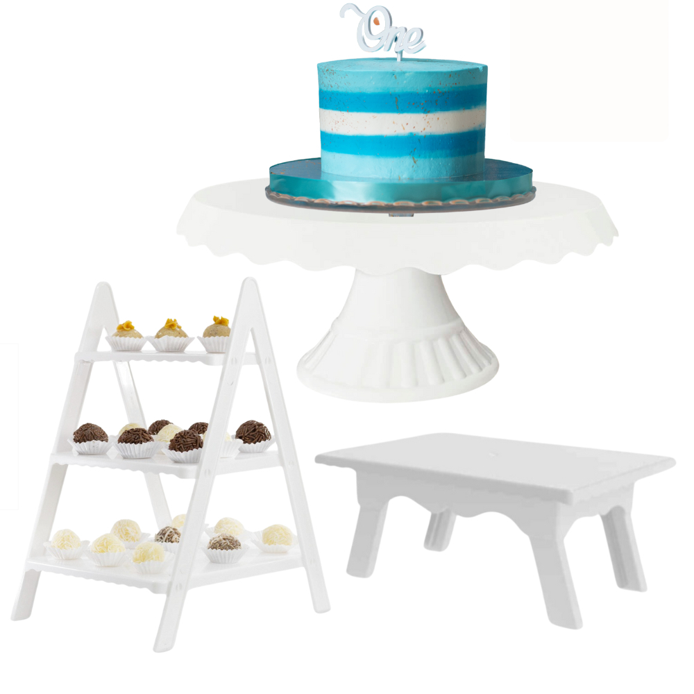 Kit Decoração Festa Boleira Slim + Escadinha Decorativa Para Doces + Mesinha Branco Suporte Bolo