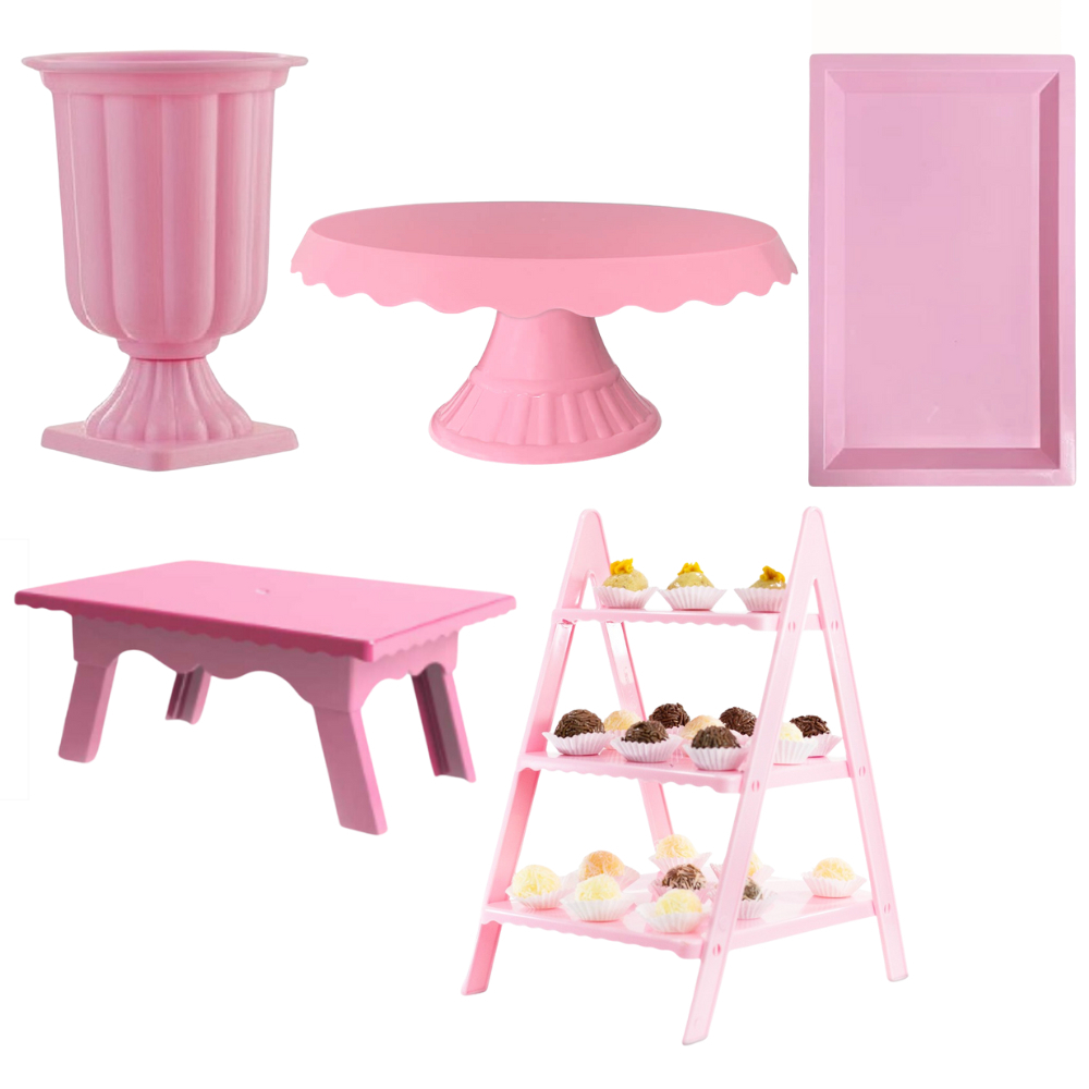 Kit Decoração Festa Rosa Escadinha +  Bandeja +  Boleira +  Vaso +  Mesinha Suporte Bolo Doce