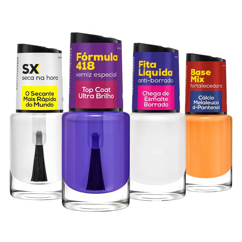 Kit Completo Cora 4 Itens SX Seca Na Hora Top Coat 418 Fita Líquida Base Fortalecedora