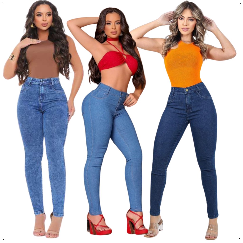 Calças Com Elastano Lycra Feminina Levanta Bumbum Cintura Alta Modeladora Luxo Promoção Kit 03