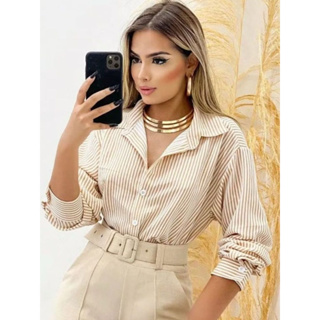 Camisa social feminina manga longa de listrado com bortao super modas em Oferta na Shopee