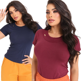 Blusa Feminina Manga Curta Casual na Malha Viscolycra Básica com Detalhe de Vies na Gola e Metal em Oferta na Shopee