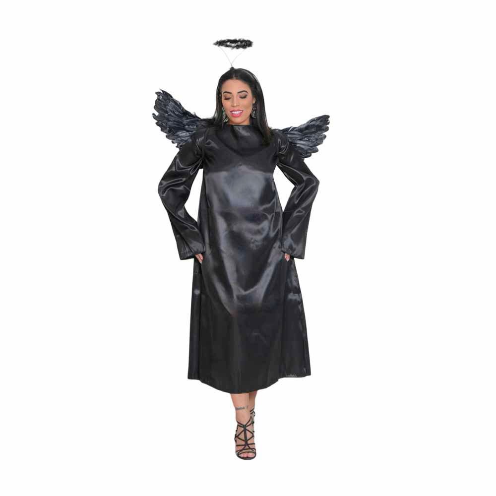 Fantasia Kit Anjo Negro Adulto Tunica Asa de Anjo Aureola Carnaval Teatro Festa Halloween Querubim Arcanjo Terror
