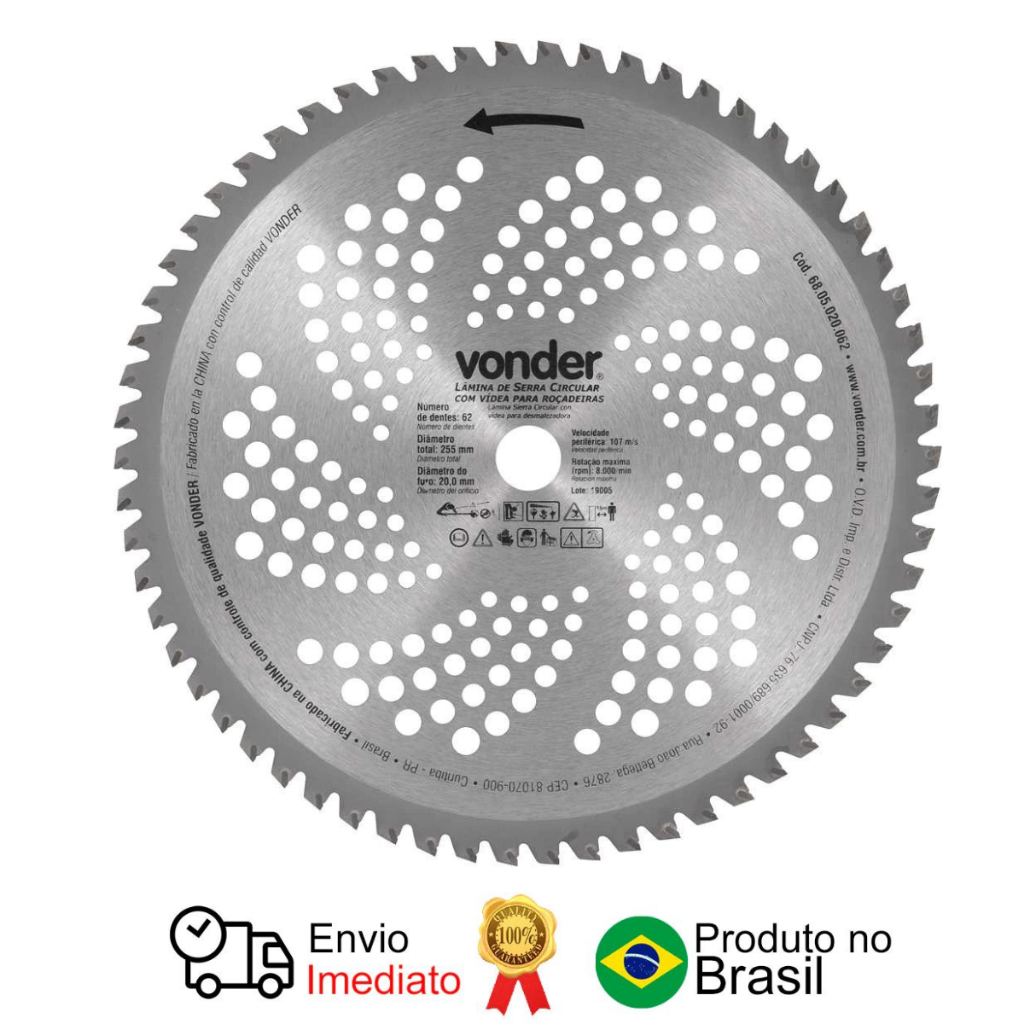 Lâmina Circular C/ Vídea Roçadeiras 255x20mm 62 Dente Vonder em Oferta na Shopee
