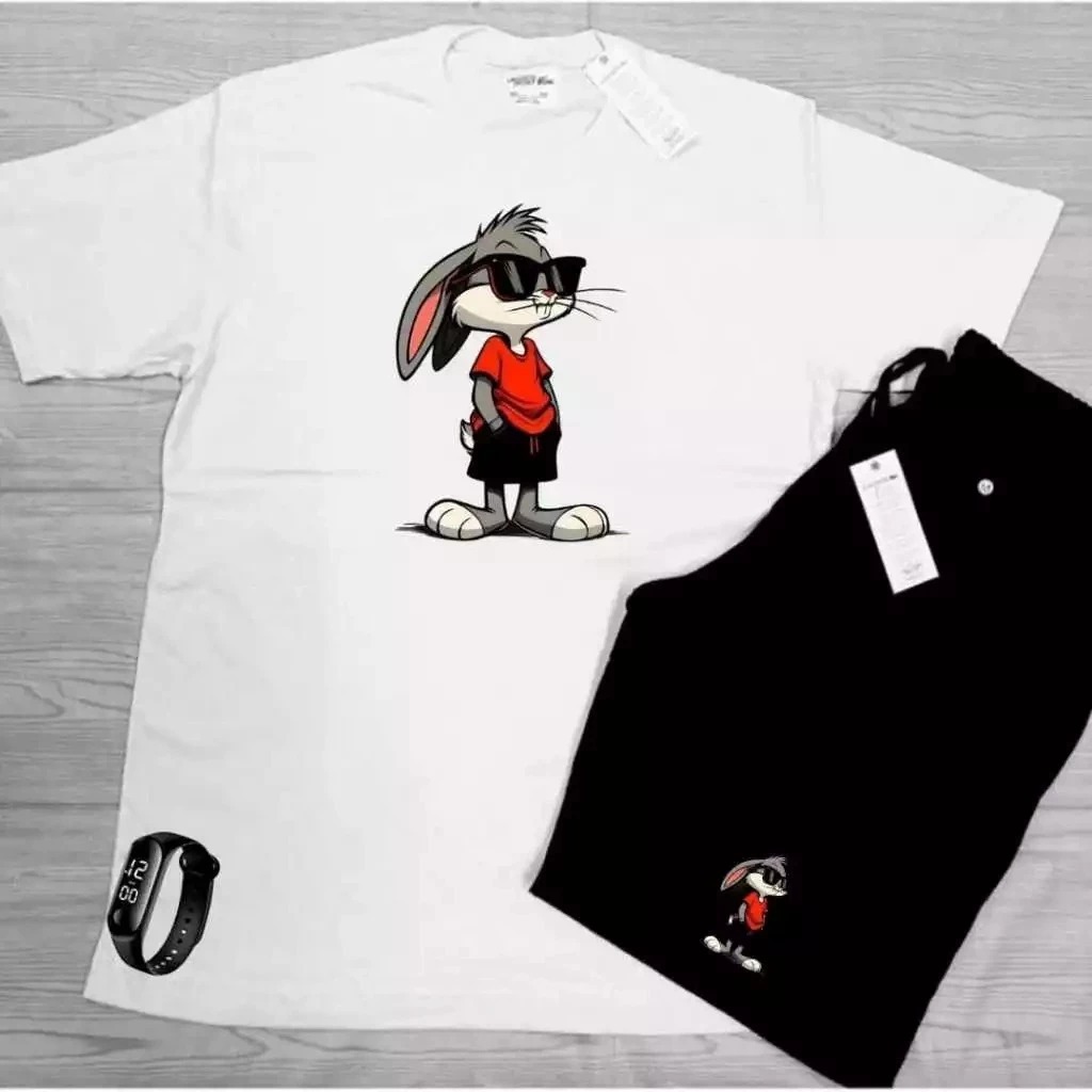 Conjunto Kit camiseta 100% algodão bermuda leve para caminhada e academia COELHO ESTILOSO + RELOGIO DIGITAL 2025