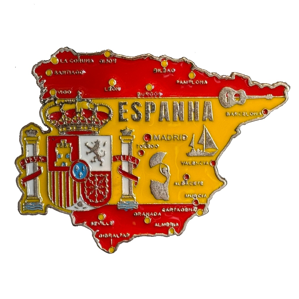 Imã Espanha com Mapa, Bandeira, Cidades e Símbolos - Imã Geladeira Metal Espanha Madrid Barcelona