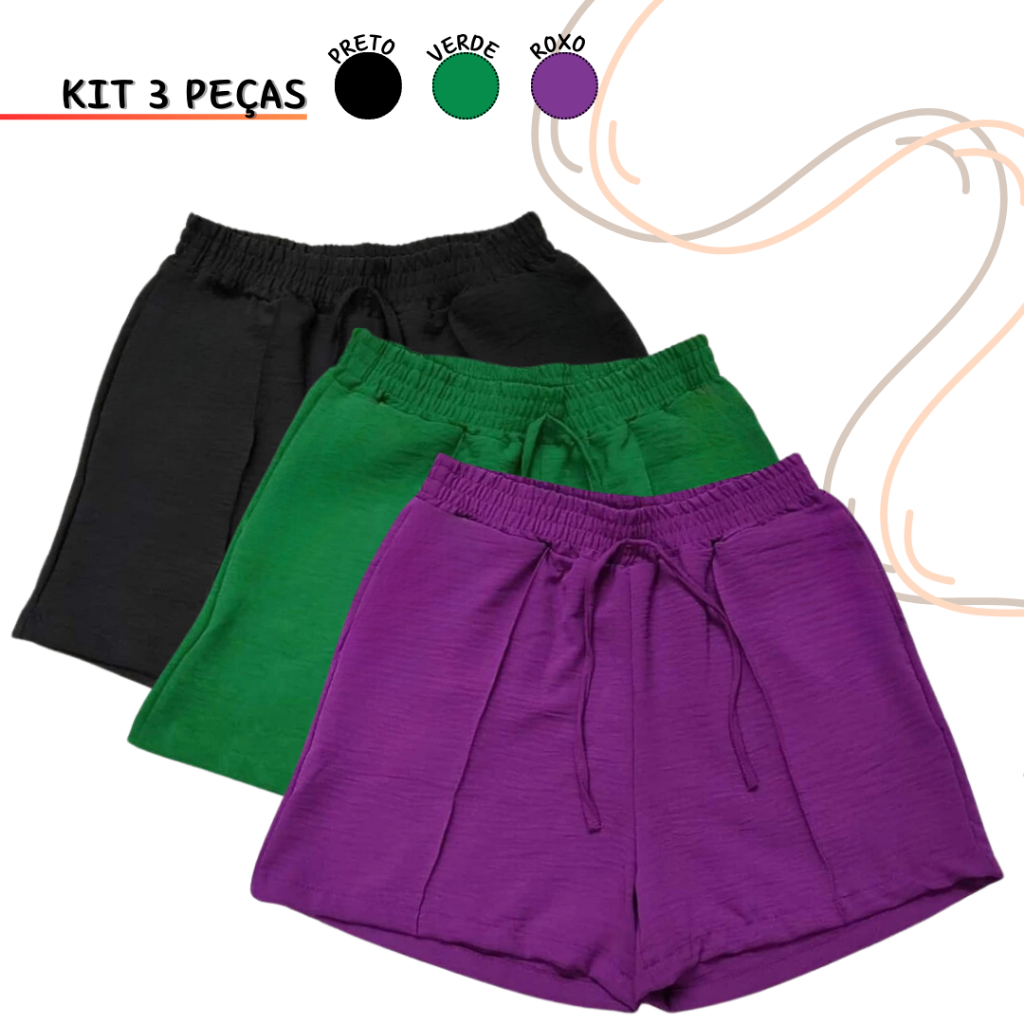 Kit 3 Short Duna Com Elástico Com Bolso Soltinho Tecido Leve Confortável Roupa Verão Moda Feminina