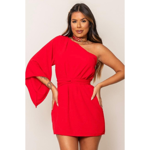 Vestido Macaquinho Feminino Shorts Saia Um Ombro Nula Manca Detalhe Cinto Faixa Tecido Duna