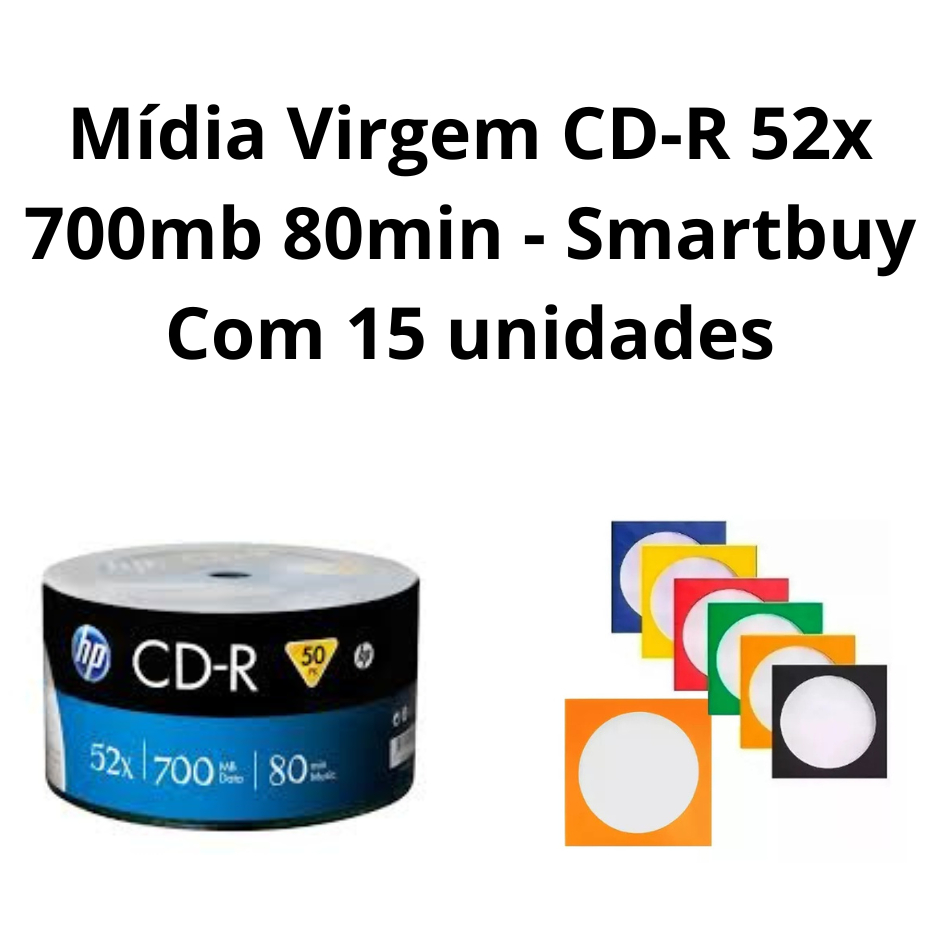 15 unidades de Mídia Virgem CD-R 52x 700mb 80min - HP C/envelope
