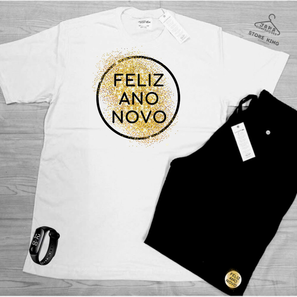 Kit Verão Bermuda e Camiseta algodão caminhada academia produto qualidade  FELIZ ANO NOVO  mais RELOGIO DIGITAL