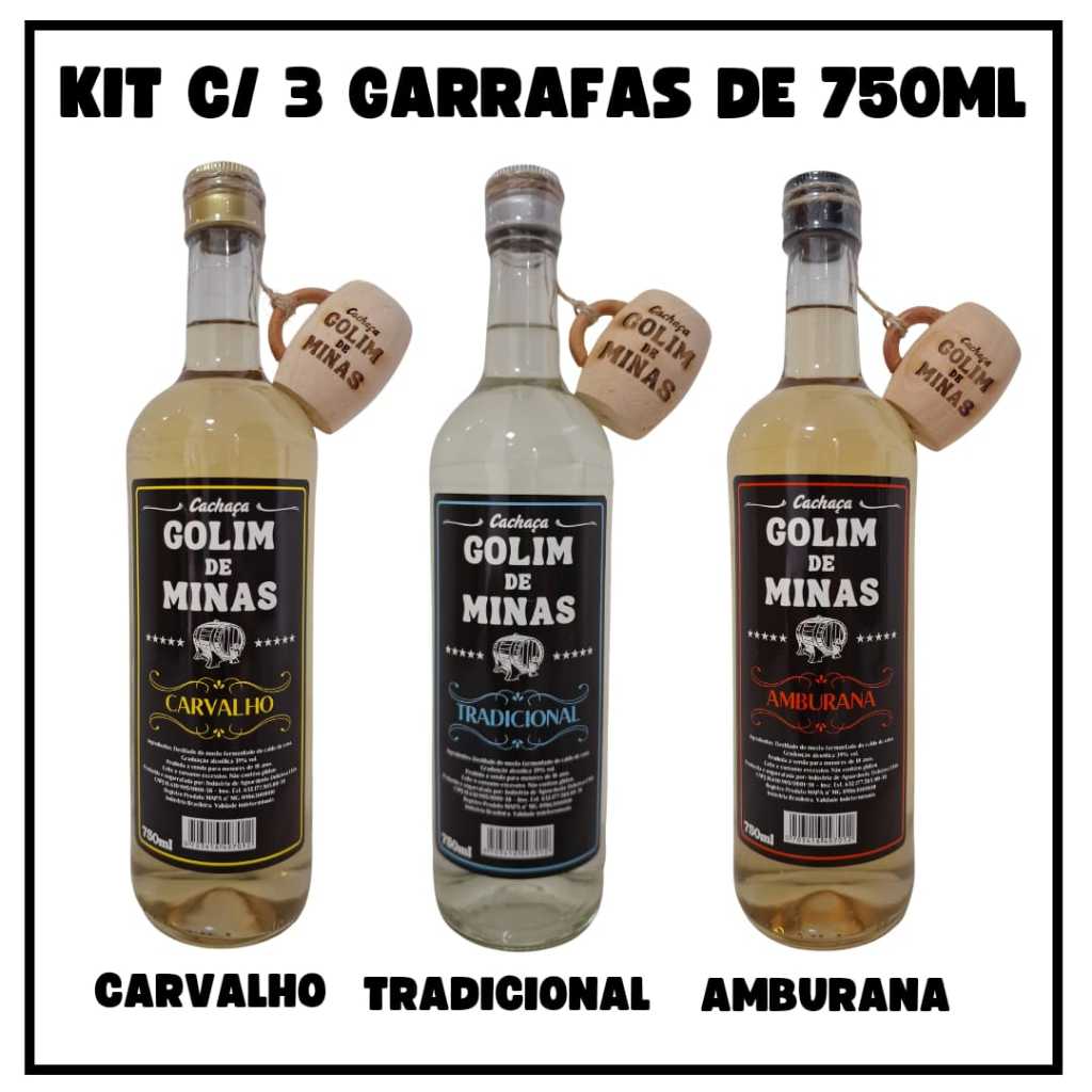 Kit 3 Cachaças Artesanais Carvalho Tradicional Amburana Golim de Minas 750ml + Brinde Copo Dose