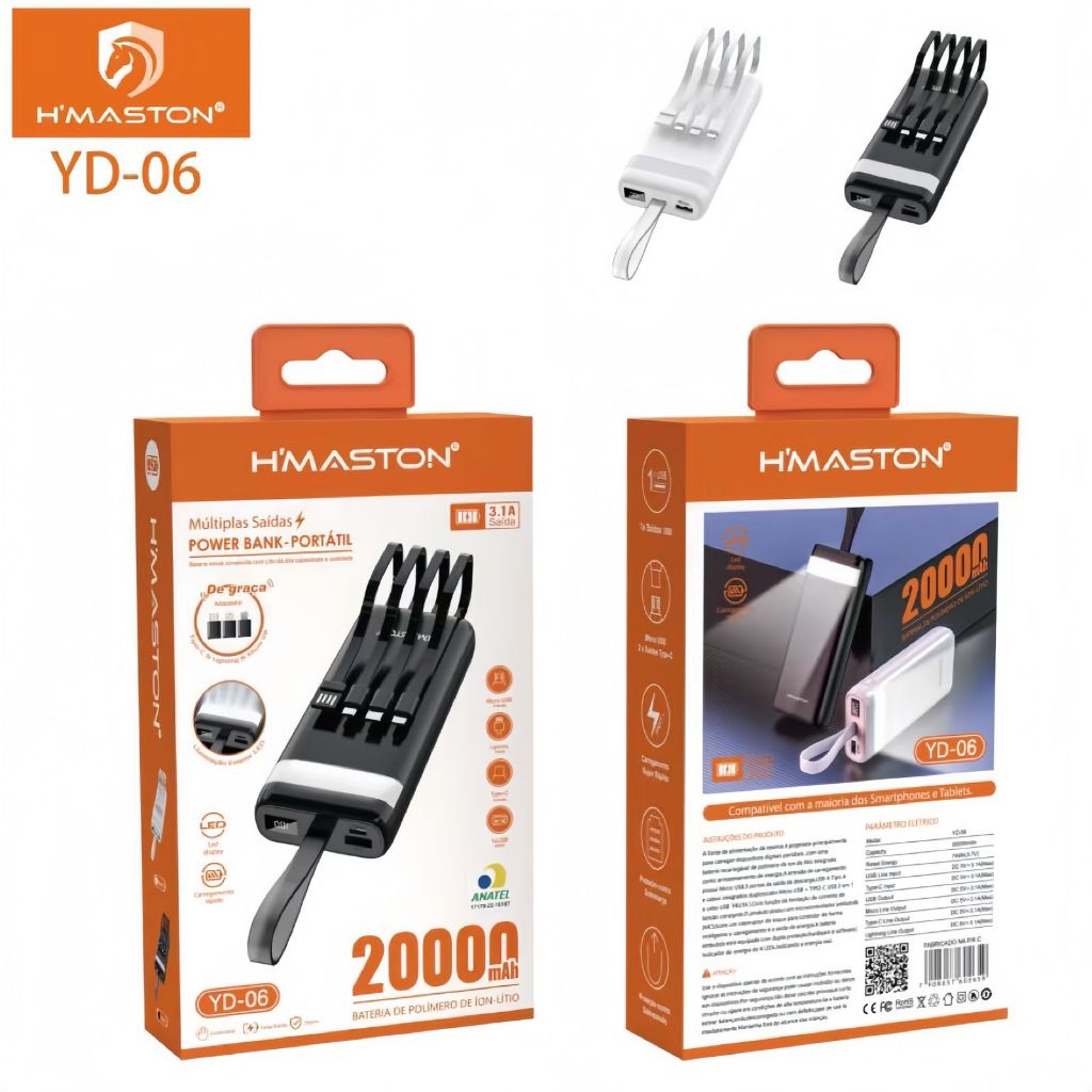 Carregador Portátil Bateria 20000Mah Turbo Power Bank Com Lanterna E Cabos Universal
