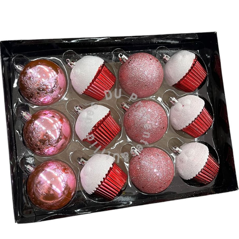 Kit c/12 peças Bola Decoradas 6cm Enfeite Para Árvore De Natal Em Formato De Cupcake-21408