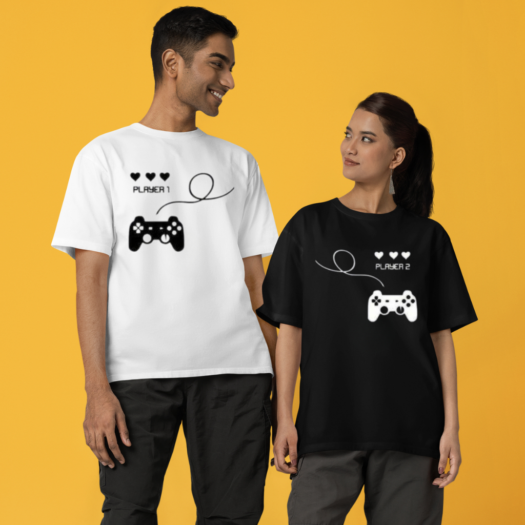 Kit Casal 2 Camisetas Player 1 e Player 2 Gamer Vídeo Game Jogos Blusa Algodão Premium