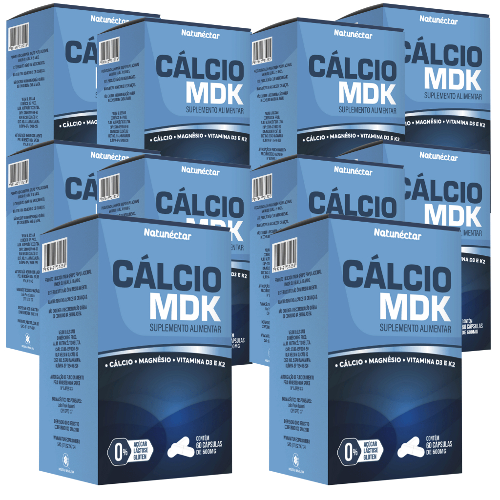 Kit Combo 10 UND Cálcio MDK 600mg Magnésio Vitamina D + K2 600 Cápsulas - Natunéctar