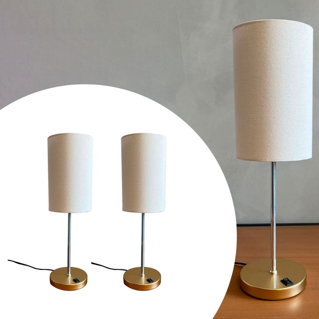 Imagem Kit 2 Abajur Luminária de Mesa Elegante Redondo Dourado Com Interruptor Com Cúpula Casa Quarto, Sala, Escritório