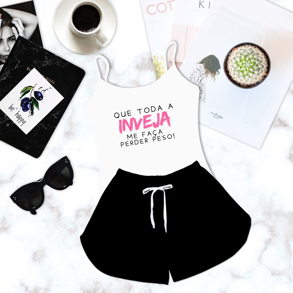 Pijama Feminino Baby Doll Alcinha Estampa Inveja Shorts Preto