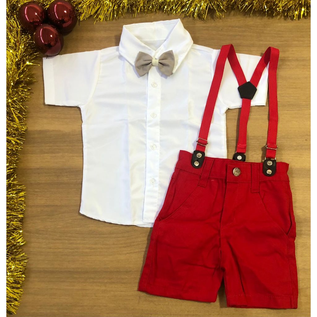 Conjunto Mauricinho Bermuda Suspensório com Camisa Social Natal Infantil Look Social Bebês Natal Gravata