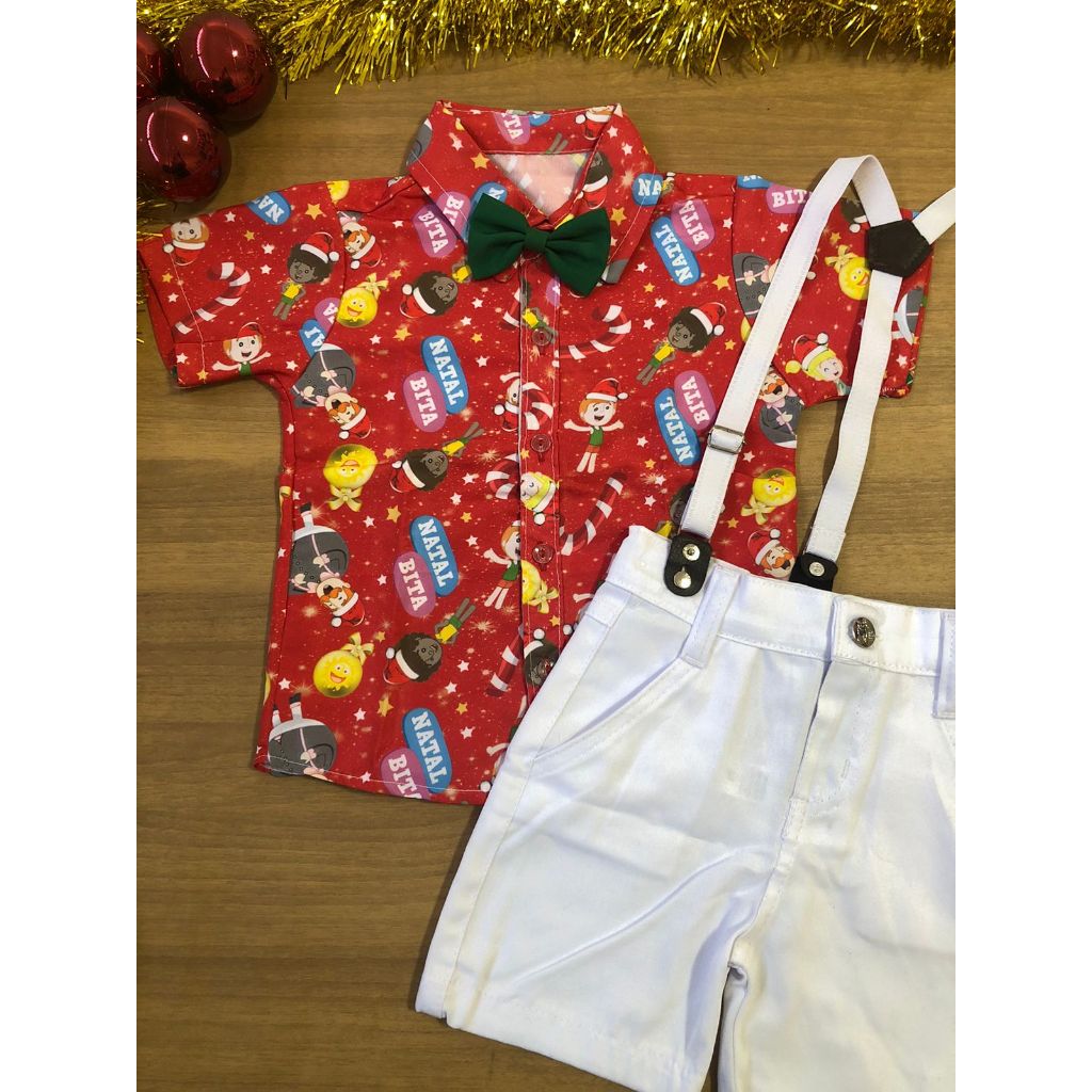 Camisa Social Mundo Bita Natal com Gravata e Bermuda Infantil branca com Suspensório Look de Natal Roupa Natalina Menino