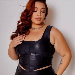 Cropped Regata Corset Couro Plus Sizer Top Blusinha Cirre