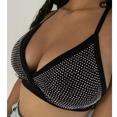 Cropped Pedraria Strass Brilho Modinha Tendência Blogueira Fim de Ano Natal Alcinha Verão