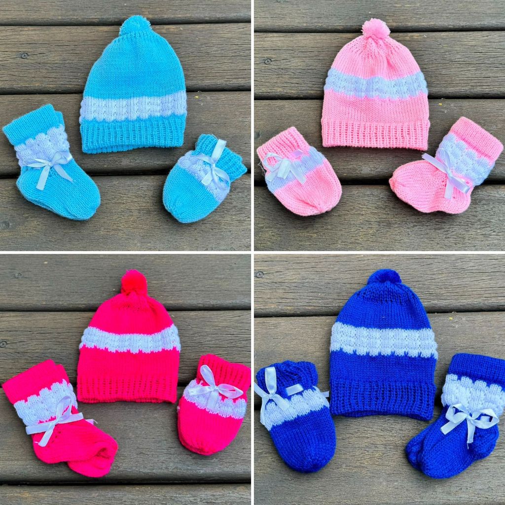 Kit Lã Bebê - 3 peças - Toca - Luva - Sapatinho Bebê para Recém Nascido frio 2 Cores em Oferta na Shopee