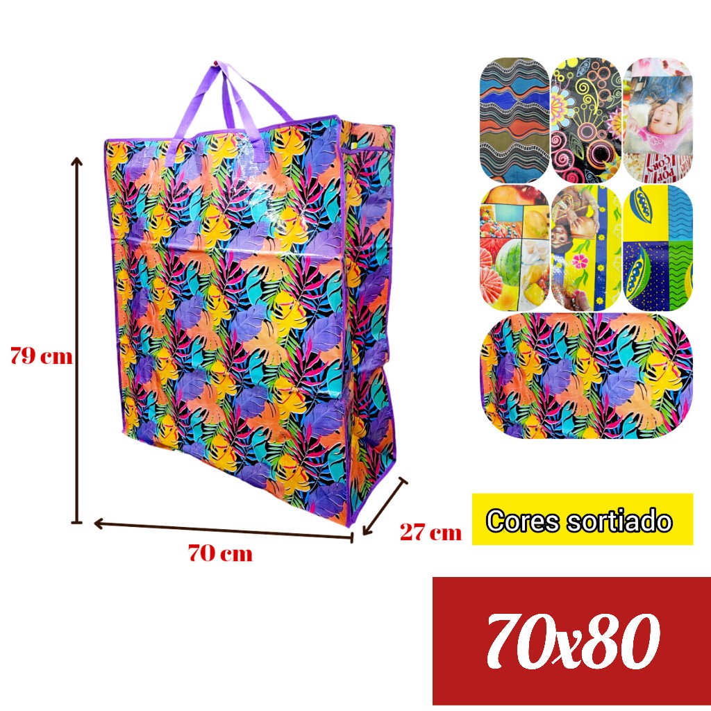 Sacola de feira grande viagem organizador resistente zíper impermeável cores sortidos pequeno médio 70x80 , 45x50 cm