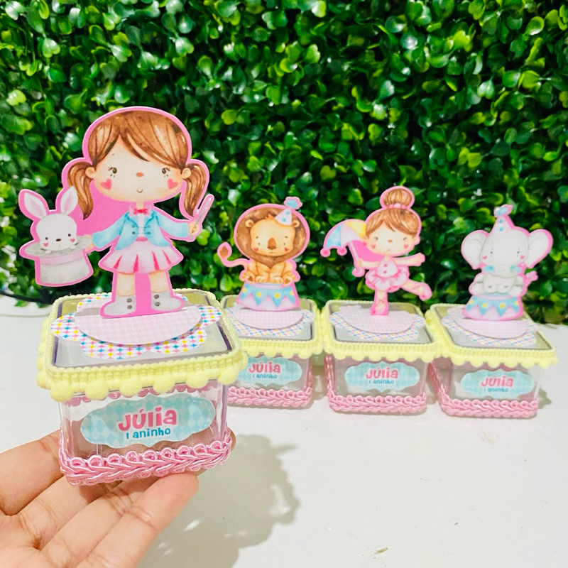 Kit 10 Caixas Acrílica 5x5 Circo Rosa Lembrancinha Personalizada Luxo | Festa Infantil