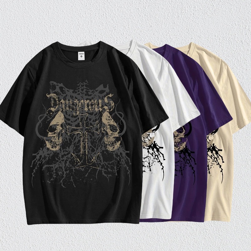 Camiseta masculina de algodão com estampa de caveira gótica com gola redonda e manga curta em Oferta na Shopee