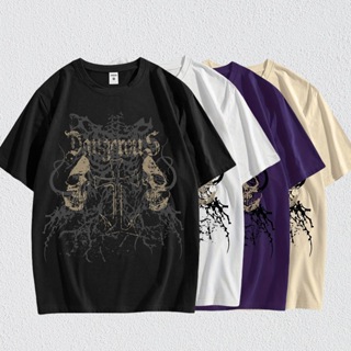 Camiseta masculina de algodão com estampa de caveira gótica com gola redonda e manga curta em Oferta na Shopee