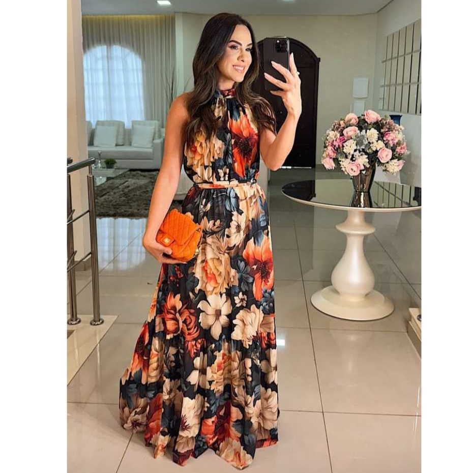 Vestido longo feminino com forro Gola Alta estampas floral
