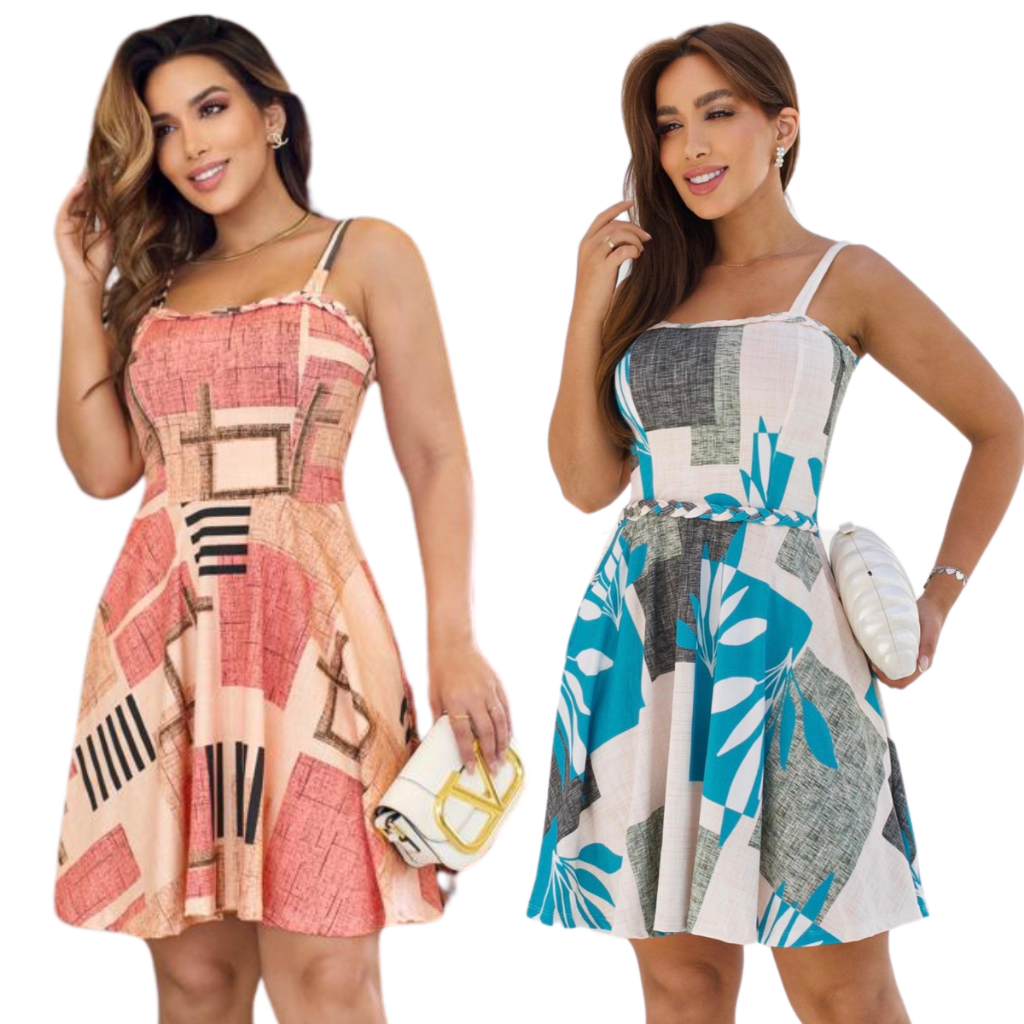 Vestido Trancinha Com Bojo Estampado Curto Soltinho