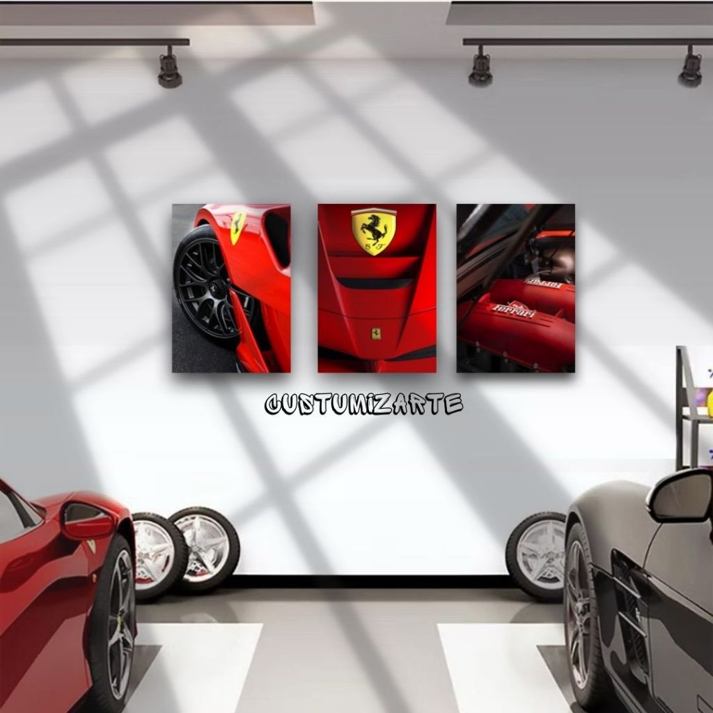 Kit 3 Quadros placas decorativas carro Ferrari Vermelha, decoração mecanica, casa, quarto, sala masculina